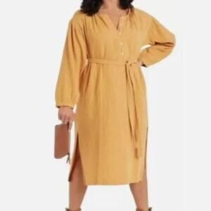 Universal Thread Mustard Gold Balloon Sleeve Gauze Dress Midi Tie Waist Henley